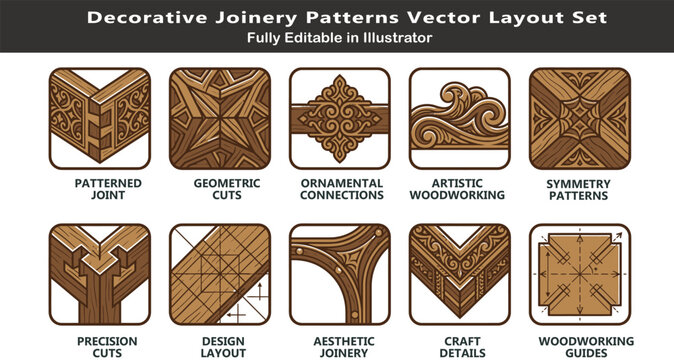 Decorative wood joinery vector icons set, top view artistic woodworking layout symbols, patterned joints, geometric cuts, ornamental connections CAD design