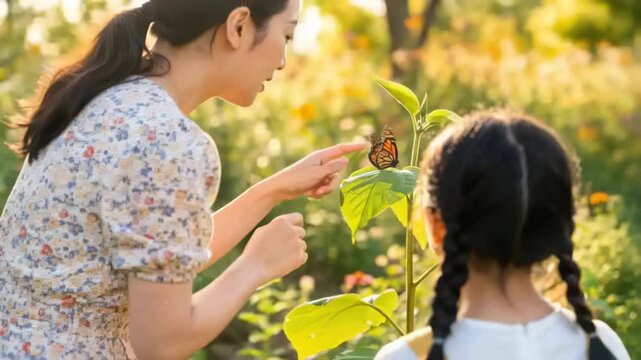 Butterfly landing sparking mother in floral dress guiding child in strap top watching leaf in yard