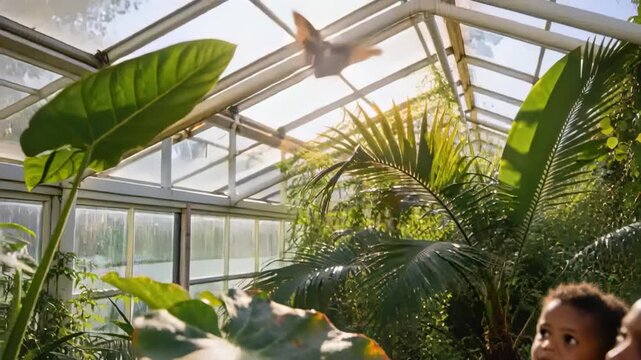 Steadying mom with kid watching butterfly opening wings lifting to greenhouse roof pupa, copy space