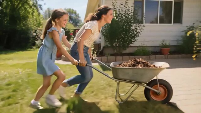 Running girl in blue dress pushing mom in striped tee, jeans, steering wheelbarrow to garden