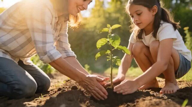 Planting plaid-clad woman guiding girl in garden placing sapling rootball in dug hole for planting