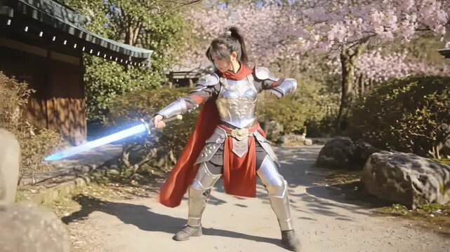 Drawing glowing blue sword, warrior training in Japanese garden wearing silver armor and red cape