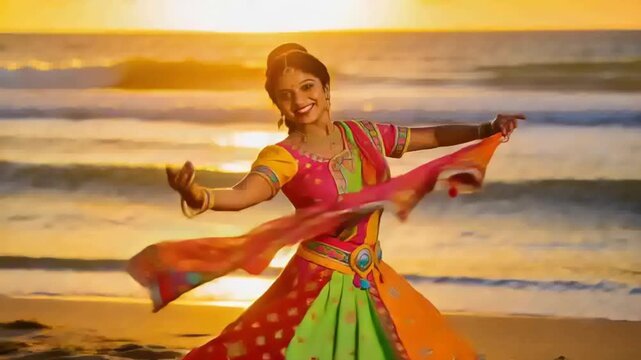 Spinning Indian dancer, music starting, performing routine on beach at sunset, in lehenga, dupatta