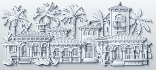 Obraz premium White paper cut style vector illustration of a luxury mediterranean villa with ornate balconies, terracotta roofs and tropical plants. Elegant 3D house design.