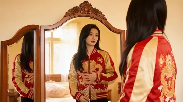 Seeing reflection Asian woman adjusting red gold dragon jacket in bedroom mirror, smoothing collar