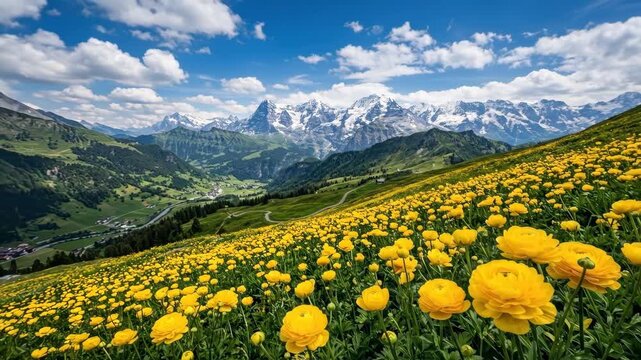 Yellow ranunculus flowers with blue sky backdrop, scenic travel landscape with atmospheric depth and broad natural appeal, strong commercial stock value, balanced composition, realistic lighting,