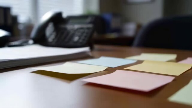 Shifting camera focusing on pastel sticky notes on office desk to highlight notes, revealing phone