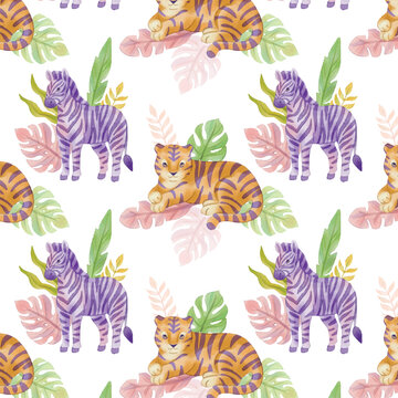 Watercolor pattern of tigers and zebras with tropical leaves, watercolor