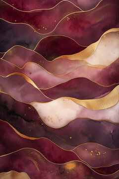 Abstract burgundy fluid art with flowing layers and gold lines creating a rich, luxurious, and elegant composition
