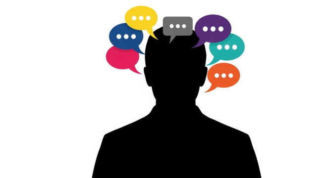 Silhouette of a person with colorful speech bubbles above their head representing thoughts and communication.