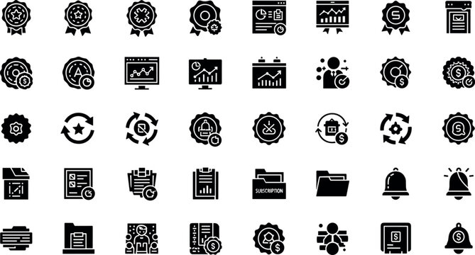 Business analytics approval badge dashboard subscription workflow notification solid vector icon set