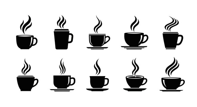 Coffee cup icons set with steam clouds black silhouette collection for cafe menu design tea mug symbols isolated on white background hot drink vector elements