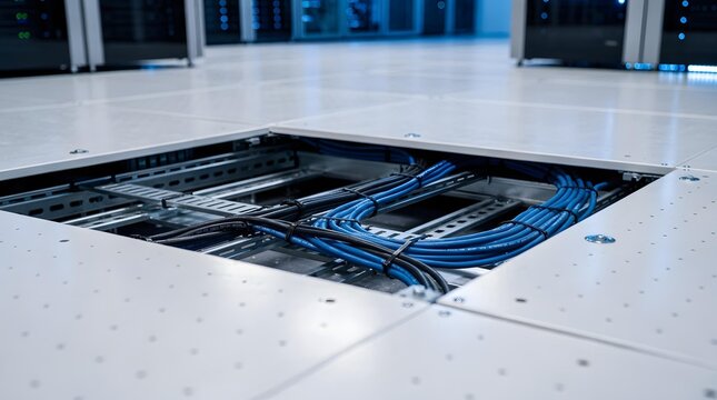 Raised floor in crypto data center with open tile showing cable routing underneath and blue LED glow