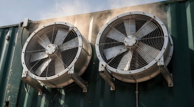 Large industrial exhaust fans on cryptocurrency mining container with heat haze and metallic surfaces