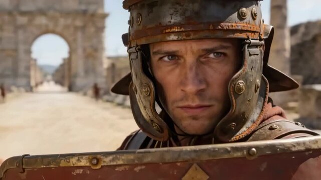 Camera zooming, helmeted guard holding shield, spear narrowing gaze right defending ancient street