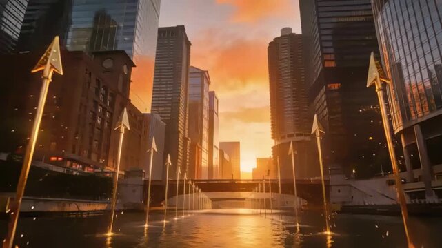Pulsing arrowhead fountain jets sending warm ripples on urban canal as sun dipping low causing glow