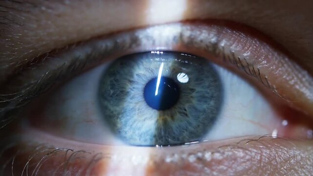 Reacting to vertical light in lab human eye partially blinking, adjusting gaze with ring reflection