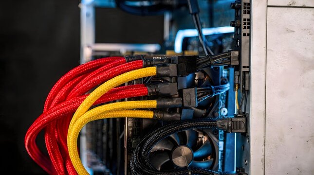 Power supply units and cables in cryptocurrency mining rig with colorful cable management