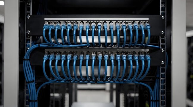 Network patch panel in cryptocurrency mining facility with densely packed ethernet ports and blue cables