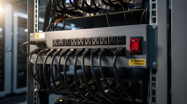 Power distribution unit in crypto mining facility with industrial circuit breakers and thick power cables