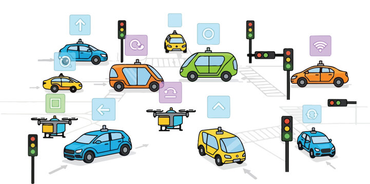 Vehicles navigate through a busy intersection with traffic lights and signals.