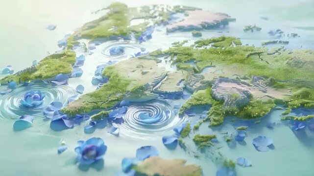 Showing 3D map with green continents in studio diorama, forming ripples near petals and whirlpools