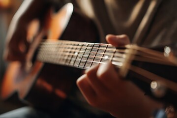 Fototapeta premium Boy's hands adjusting guitar tuning peg