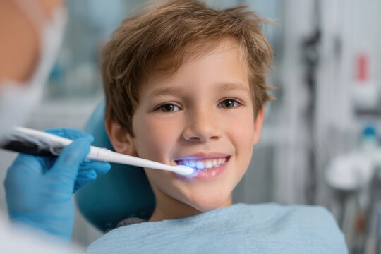 Dentist applying fluoride to child's teeth