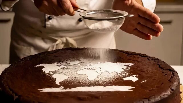 Tapping sieve chef in coat apron sifting sugar dust onto choc cake in kitchen creating world-map