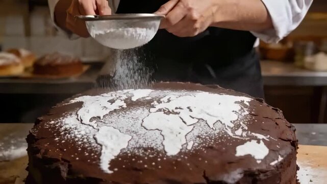 Lifting fine-mesh sieve, baker in apron sifting sugar over chocolate cake at bakery, creating map