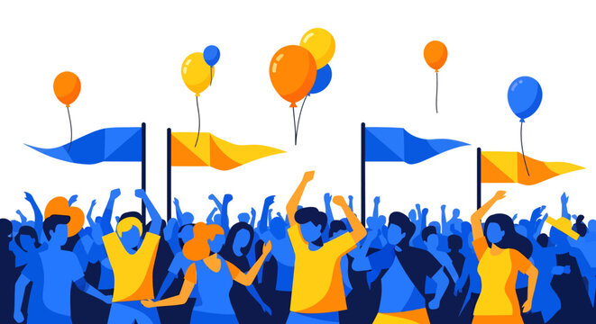 Crowd cheering with flags and balloons in blue and yellow
