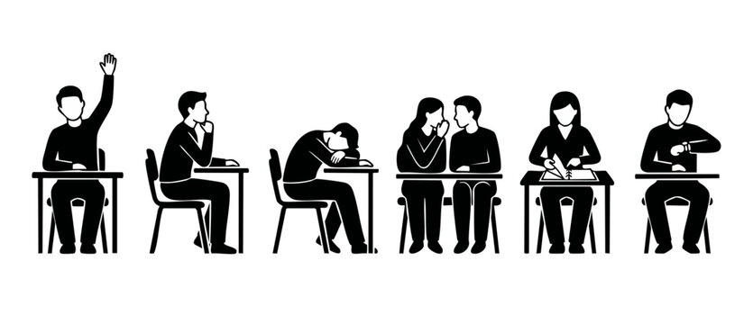 Students in classroom icon set, diverse school behaviors and learning activities, vector illustration of pupils sitting at desks, raising hand, sleeping, whispering, studying, and checking time.