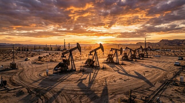 Oil Field Pumpjacks Working in Desert at Golden Hour Sunset