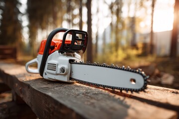 Naklejka premium Woodworking chainsaw on workbench in sunny forest setting