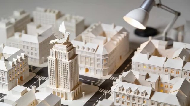 Entering hand placing paper dove onto central tower in paper miniature city on tabletop, with lamp