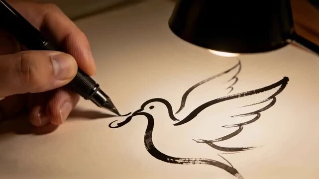 Pressing brush pen tip, artist hand guiding flourish, finishing dove sketch at desk under warm lamp