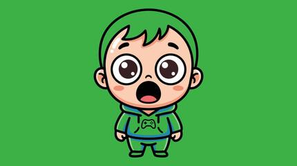 Obraz premium Cartoon Boy with Green Hair and Surprised Expression on Green Background.