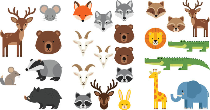 Cute Flat Style Wild Animal Character Set with Deer, Fox, Bear, Lion, Elephant, and Giraffe Faces and Full Body for Kids Designs
