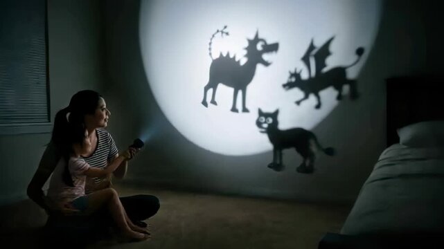 Aiming mother teaching child, casting three shadows on bedroom wall with torch, copy space