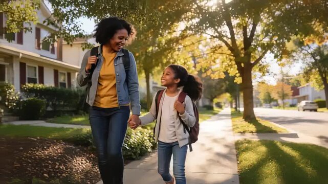 Walking mother-daughter hand-in-hand under sunlit tree on street with denim, backpacks, schoolbound