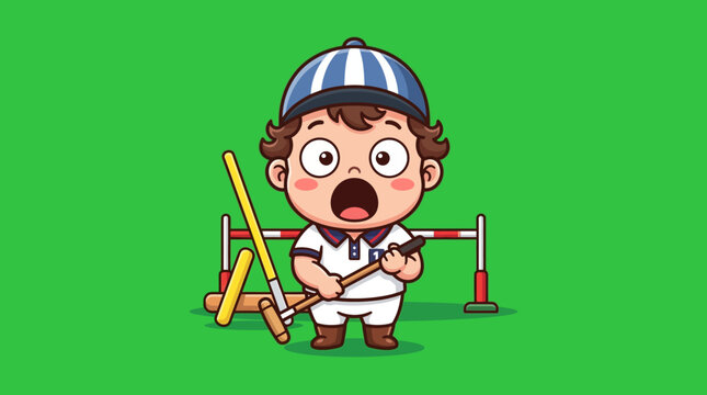Cartoon Boy with Polo Mallet and Surprised Expression.