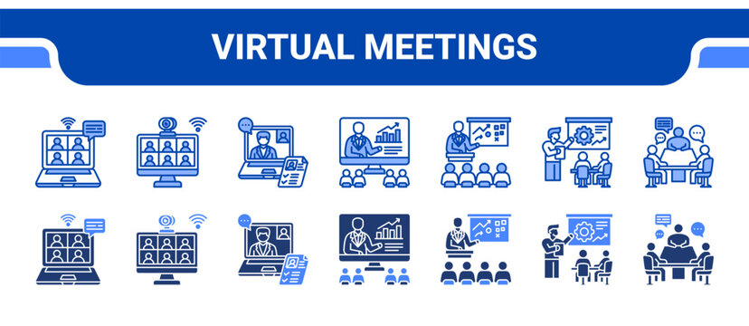 Virtual Meetings Icon Collection,  featuring Virtual Meeting, Video Conference, Online Interview, Webinar, Seminar, Workshop, Group Discussion.