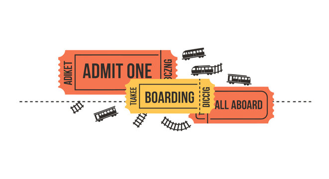 Vintage train tickets, admit one, boarding pass, travel tokens, retro