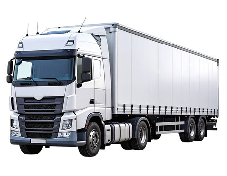 A large, modern white semi-truck with a long, white cargo trailer