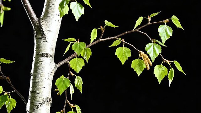 Closeup of a Birch Tree Trunk and Branches with Green Leaves Against a Black Background.