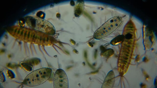 A microscopic view of numerous small crustaceans swimming in water with several larger specimens prominently displayed.
