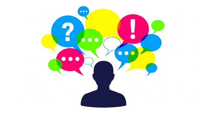 Silhouette of a person with colorful thought bubbles and question marks above head.