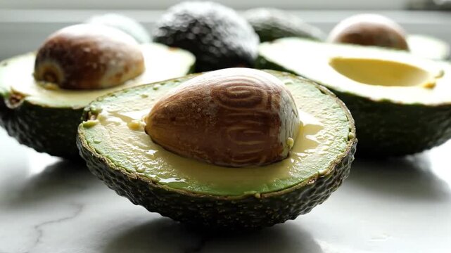 Halved Ripe Avocados Revealing Creamy Green Flesh and Smooth Pits