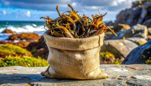 A rustic burlap sack filled with freshly foraged dried seaweed, kelp and dulse sitting on a coastal rock with the ocean waves in the blurred background.