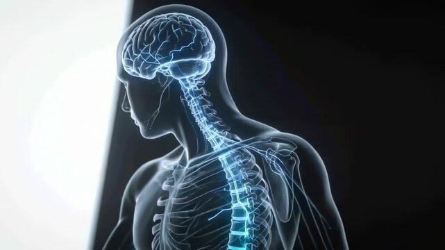 Camera rotating anatomy model revealing brain and spinal cord in lab, showing spine for study